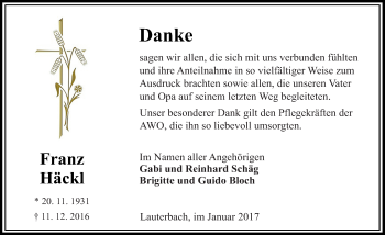 Traueranzeige von Franz Häckl von VRM Trauer