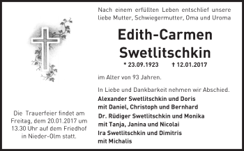Traueranzeige von Edith-Carmen Swetlitschkin von Trauerportal Rhein Main Presse