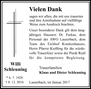 Traueranzeige von Willi Schleuning von VRM Trauer