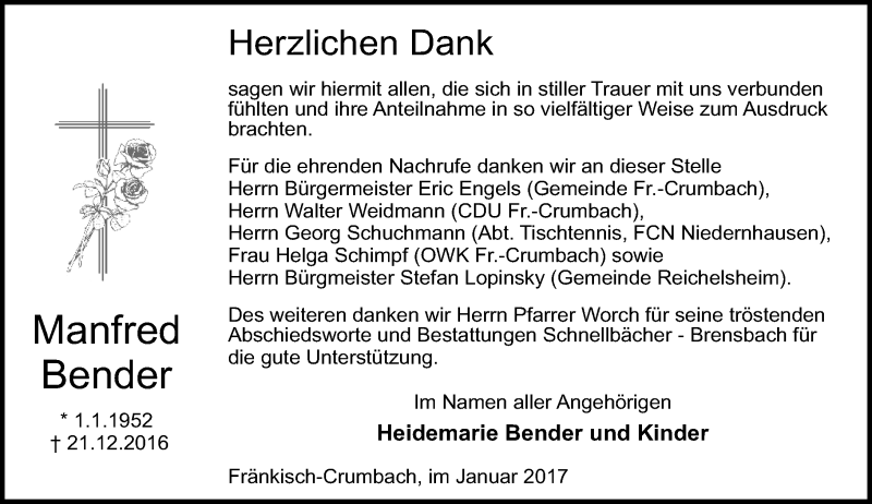  Traueranzeige für Manfred Bender vom 21.01.2017 aus Trauerportal Echo Online