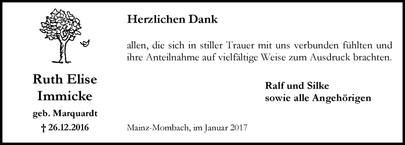  Traueranzeige für Ruth Elise Immicke vom 14.01.2017 aus Trauerportal Rhein Main Presse