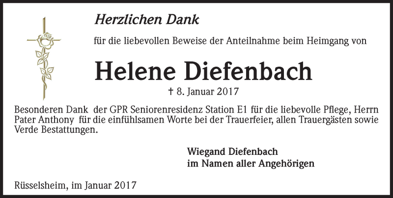  Traueranzeige für Helene Diefenbach vom 28.01.2017 aus Trauerportal Rhein Main Presse