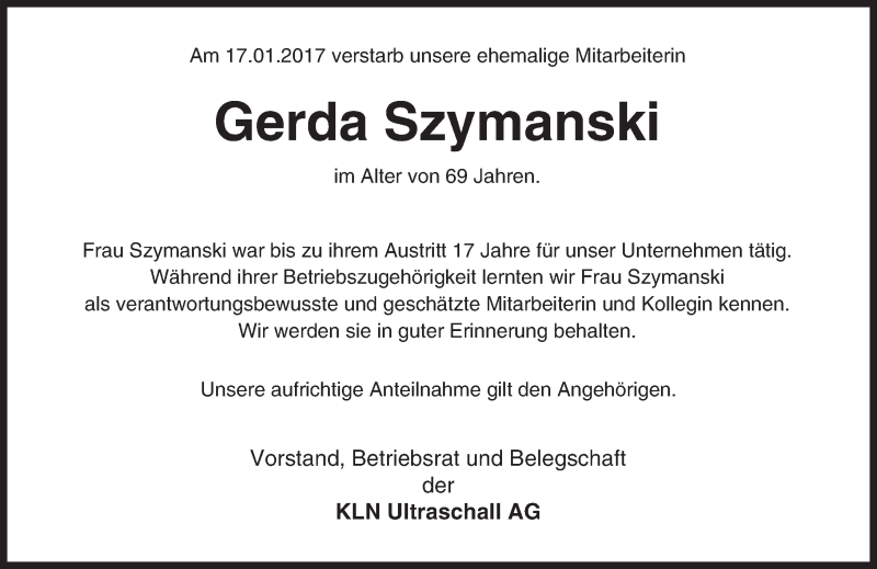  Traueranzeige für Gerda Szymanski vom 25.01.2017 aus Trauerportal Echo Online