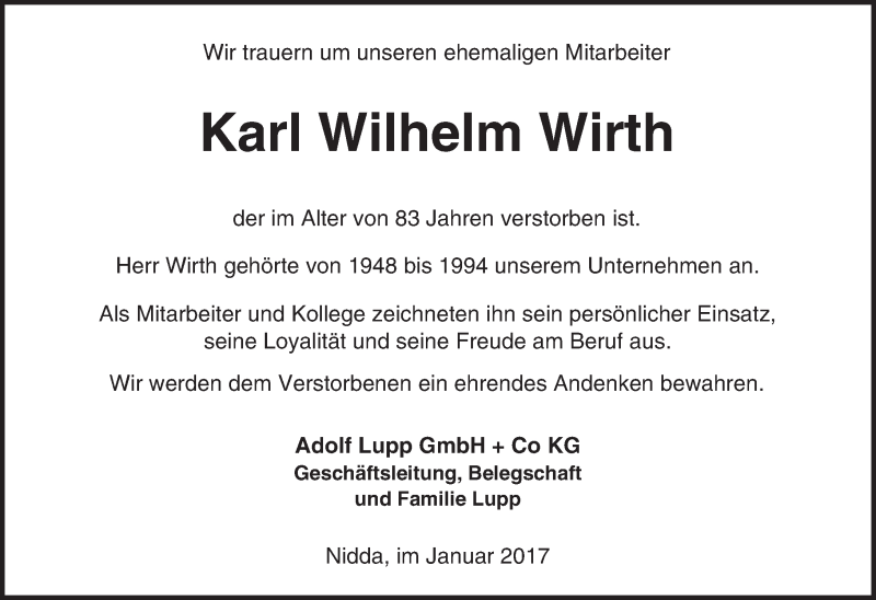  Traueranzeige für Karl Wilhelm Wirth vom 14.01.2017 aus  Kreisanzeiger