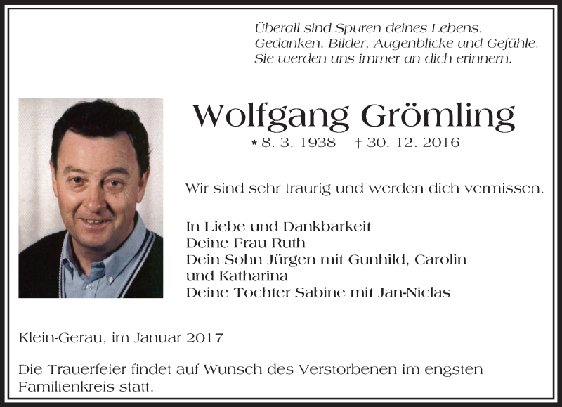  Traueranzeige für Wolfgang Grömling vom 03.01.2017 aus Trauerportal Echo Online