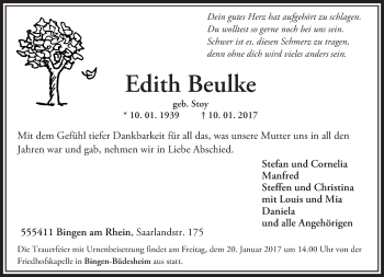 Traueranzeige von Edith Beulke von Trauerportal Rhein Main Presse