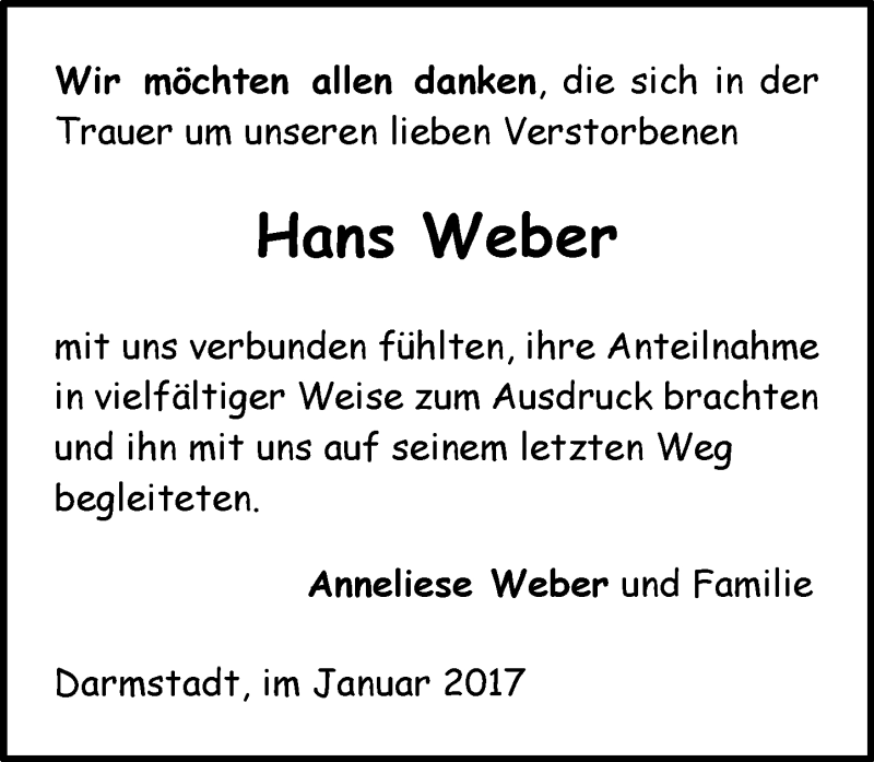  Traueranzeige für Hans Weber vom 28.01.2017 aus Trauerportal Echo Online