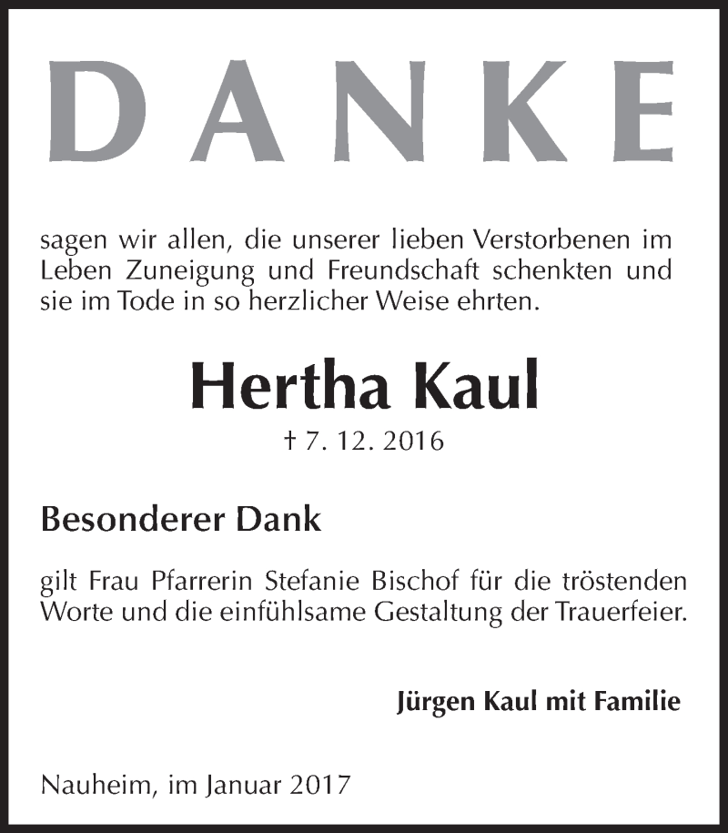  Traueranzeige für Hertha Kaul vom 07.01.2017 aus Trauerportal Rhein Main Presse