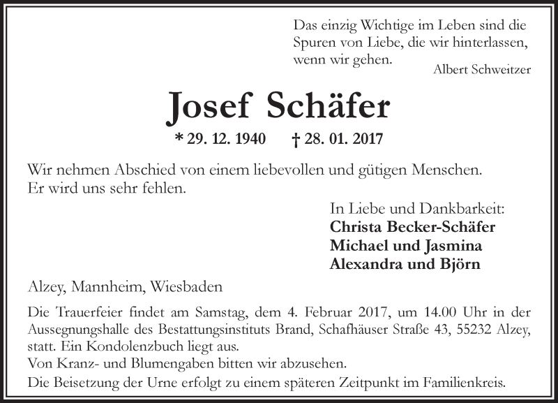  Traueranzeige für Josef Schäfer vom 31.01.2017 aus Trauerportal Rhein Main Presse