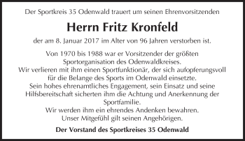 Traueranzeige von Fritz Kronfeld von Trauerportal Echo Online