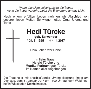 Traueranzeige von Hedi Türcke von Trauerportal Rhein Main Presse