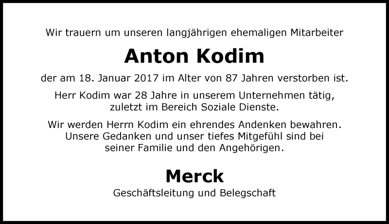  Traueranzeige für Anton Kodim vom 28.01.2017 aus Trauerportal Echo Online