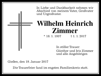 Traueranzeige von Wilhelm Heinrich Zimmer von  Gießener Anzeiger