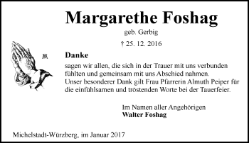 Traueranzeige von Margarethe Foshag von Trauerportal Echo Online