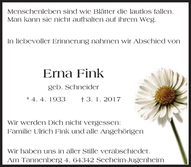  Traueranzeige für Erna Fink vom 21.01.2017 aus Trauerportal Echo Online