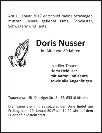 Traueranzeige von Doris Nusser von Trauerportal Rhein Main Presse