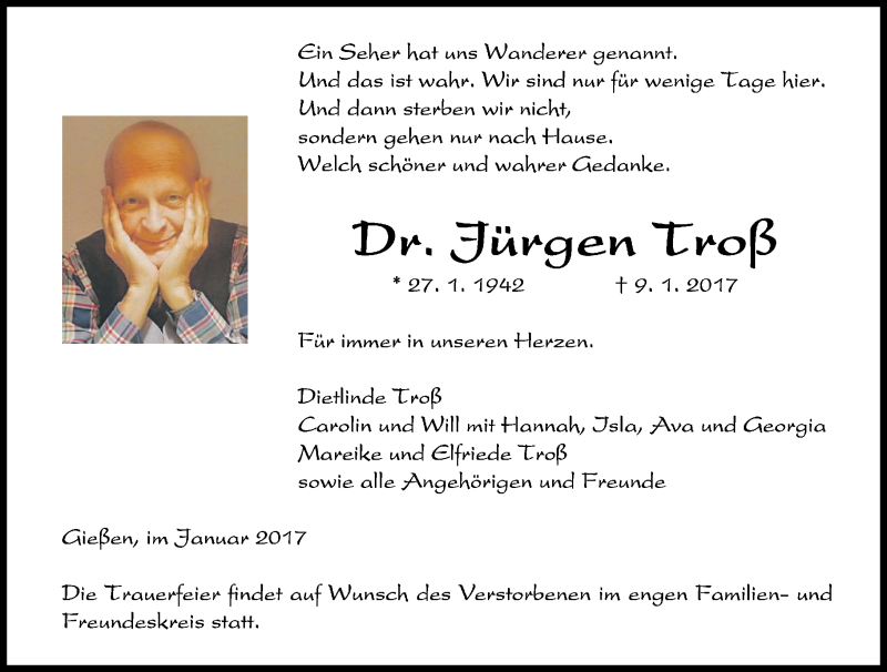  Traueranzeige für Jürgen Troß vom 11.01.2017 aus  Gießener Anzeiger
