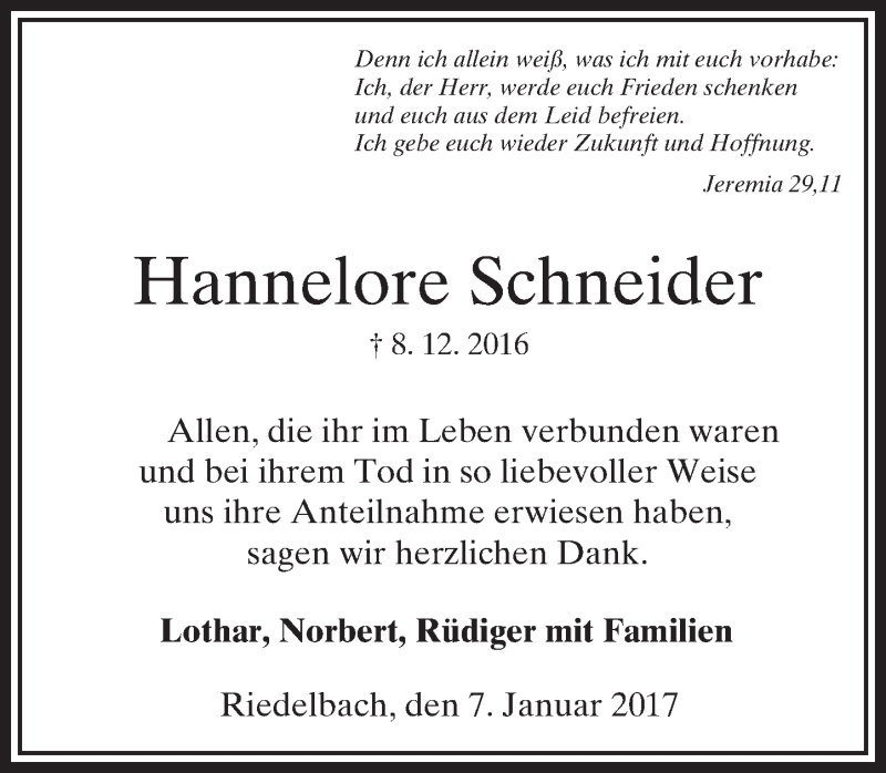  Traueranzeige für Hannelore Schneider vom 07.01.2017 aus  Usinger Anzeiger