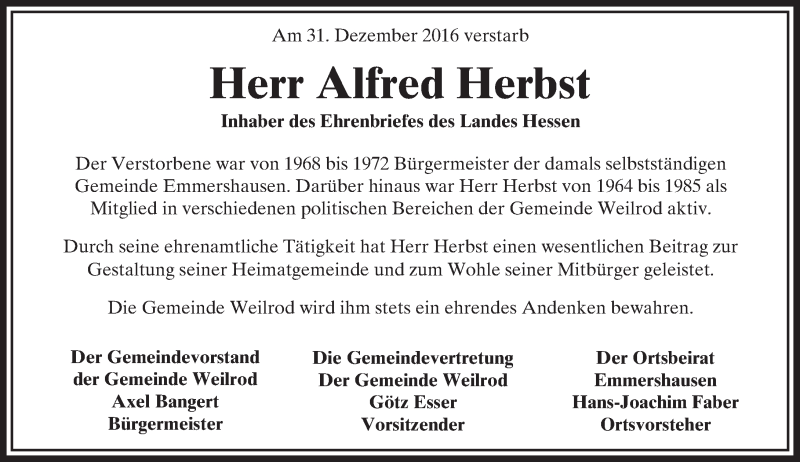  Traueranzeige für Alfred Herbst vom 11.01.2017 aus  Usinger Anzeiger