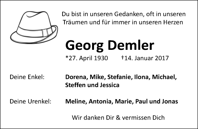  Traueranzeige für Georg Demler vom 21.01.2017 aus Trauerportal Echo Online