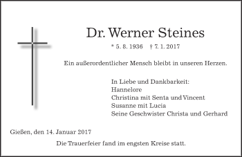 Traueranzeige von Werner Steines von  Gießener Anzeiger