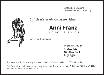 Traueranzeige von Anni Franz von Trauerportal Rhein Main Presse
