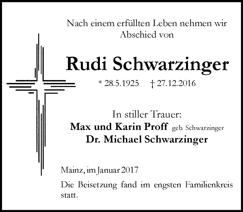  Traueranzeige für Rudi Schwarzinger vom 14.01.2017 aus Trauerportal Rhein Main Presse