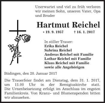 Traueranzeige von Hartmut Reichel von  Kreisanzeiger