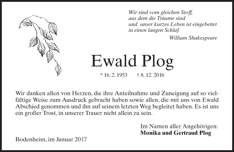  Traueranzeige für Ewald Plog vom 21.01.2017 aus Trauerportal Rhein Main Presse
