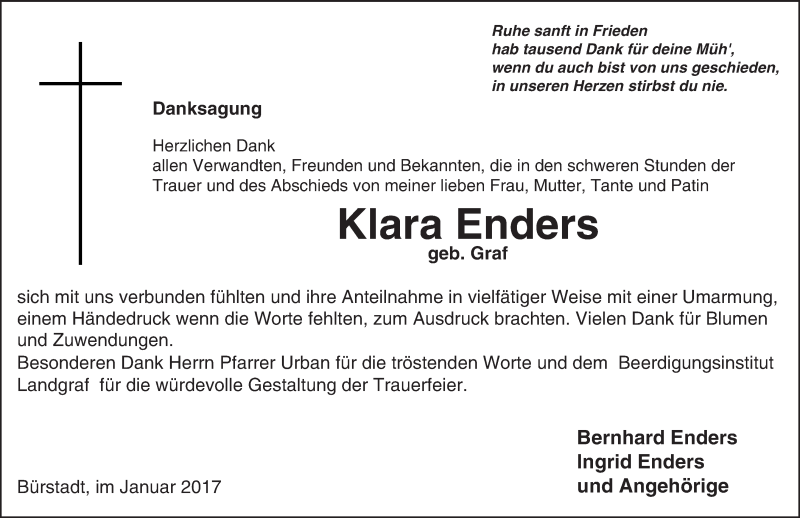  Traueranzeige für Klara Enders vom 13.01.2017 aus Trauerportal Echo Online
