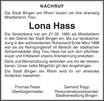 Traueranzeige von Lona Hass von Trauerportal Rhein Main Presse