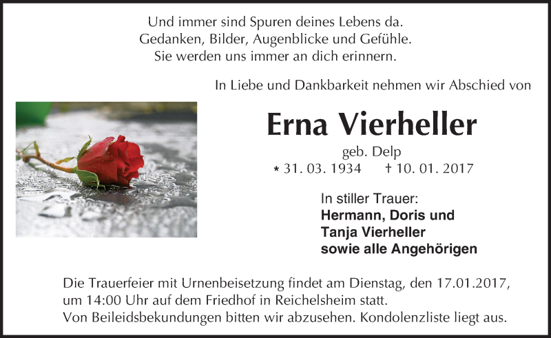  Traueranzeige für Erna Vierheller vom 14.01.2017 aus Trauerportal Echo Online