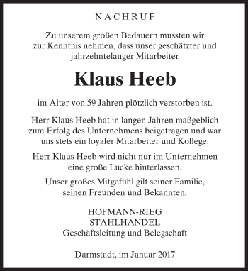Traueranzeige von Klaus Heeb von Trauerportal Echo Online