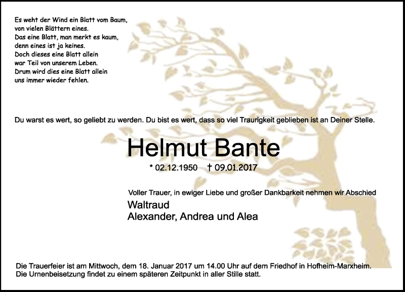  Traueranzeige für Helmut Bante vom 13.01.2017 aus Trauerportal Rhein Main Presse