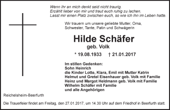 Traueranzeige von Hilde Schäfer von Trauerportal Echo Online