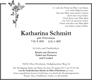 Traueranzeige von Katharina Schmitt von Trauerportal Rhein Main Presse