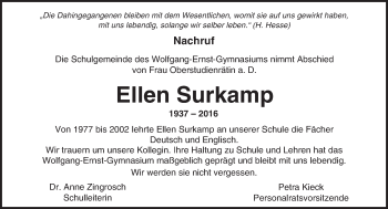 Traueranzeige von Ellen Surkamp von  Kreisanzeiger