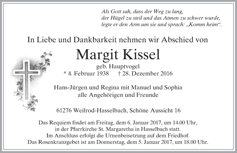  Traueranzeige für Margit Kissel vom 05.01.2017 aus  Camberger Anzeiger