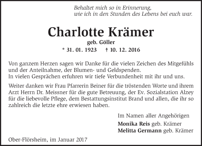  Traueranzeige für Charlotte Krämer vom 24.01.2017 aus Trauerportal Rhein Main Presse