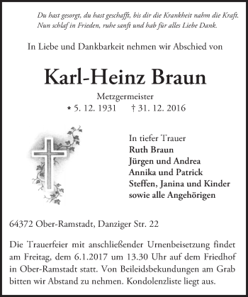 Traueranzeige von Karl-Heinz Braun von Trauerportal Echo Online