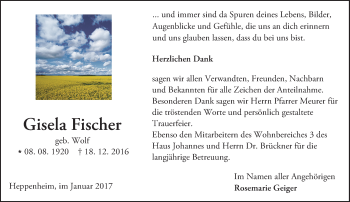 Traueranzeige von Gisela Fischer von Trauerportal Echo Online