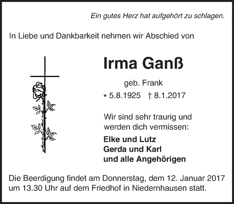  Traueranzeige für Irma Ganß vom 11.01.2017 aus Trauerportal Echo Online