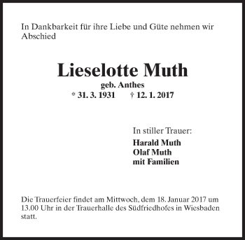 Traueranzeige von Lieselotte Muth von Trauerportal Rhein Main Presse