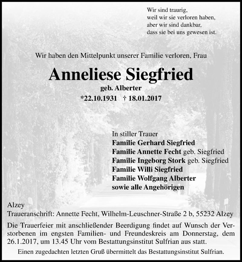  Traueranzeige für Anneliese Siegfried vom 23.01.2017 aus Trauerportal Rhein Main Presse