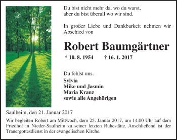 Traueranzeige von Robert Baumgärtner von Trauerportal Rhein Main Presse