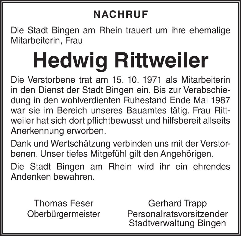  Traueranzeige für Hedwig Rittweiler vom 07.01.2017 aus Trauerportal Rhein Main Presse