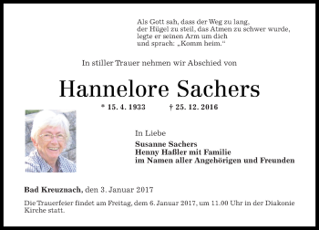 Traueranzeige von Hannelore Sachers von Trauerportal Rhein Main Presse