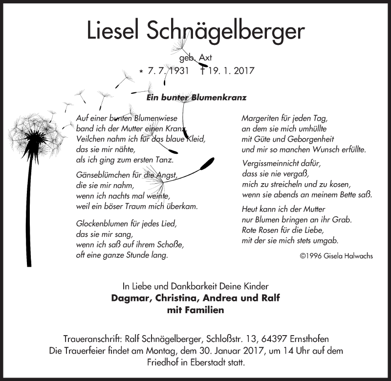  Traueranzeige für Liesel Schnägelberger vom 28.01.2017 aus Trauerportal Echo Online