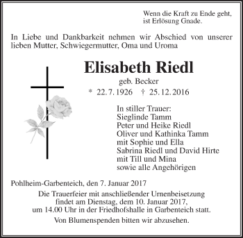 Traueranzeige von Elisabeth Riedl von  Gießener Anzeiger