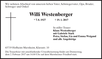 Traueranzeige von Willi Westenberger von Trauerportal Rhein Main Presse